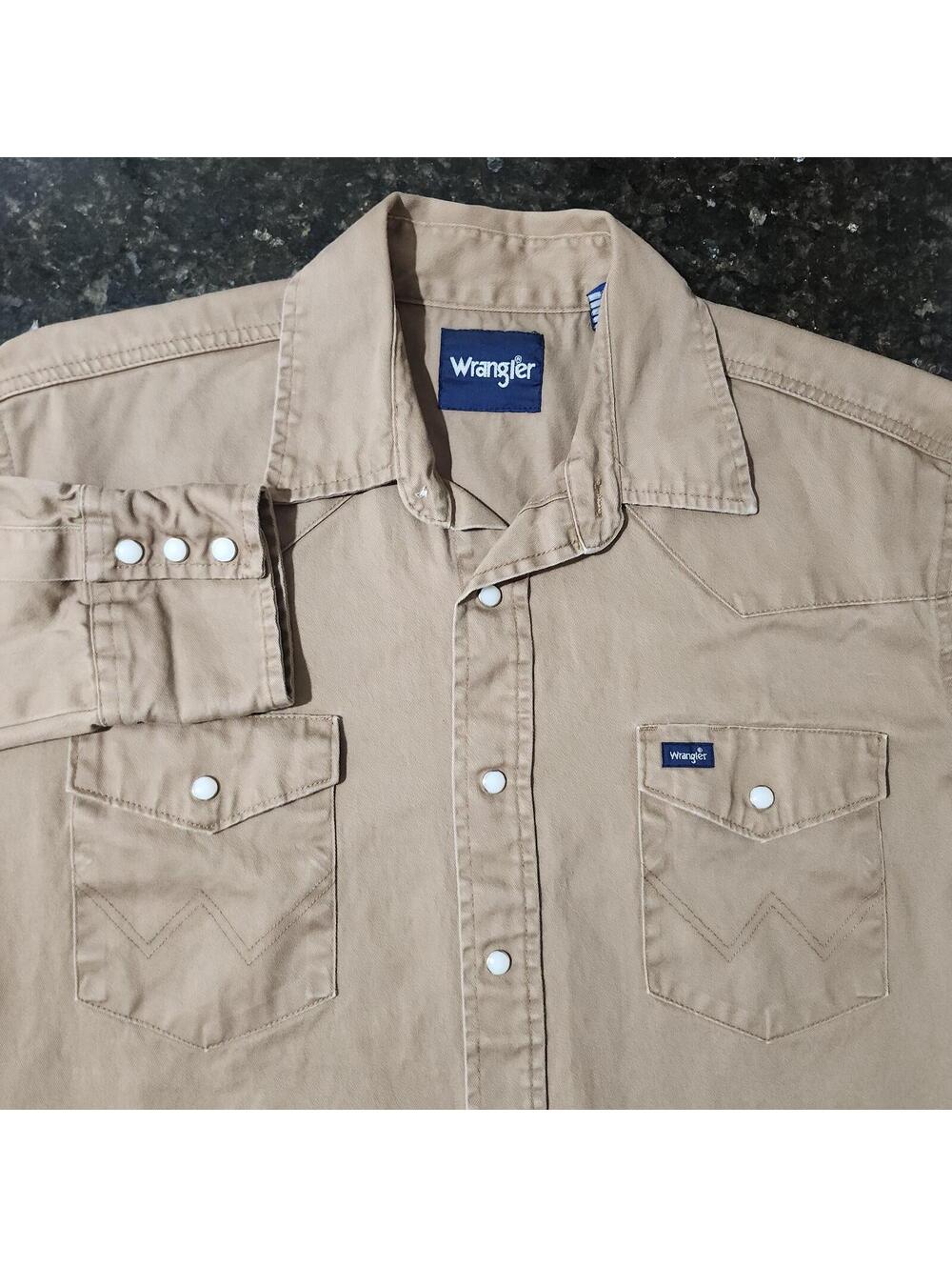 Wrangler Pearl Snap Khaki Work Shirt Western Cowboy Rodeo Outdoor Mens Large